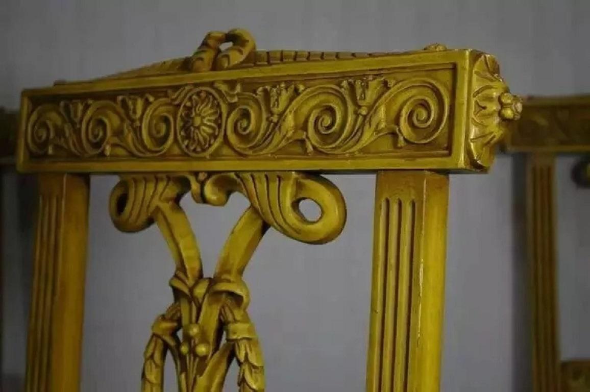 20th Century Vintage French Regency Louis XVI Yellow Carved Wood Dining Chairs - Set of 6 For Sale