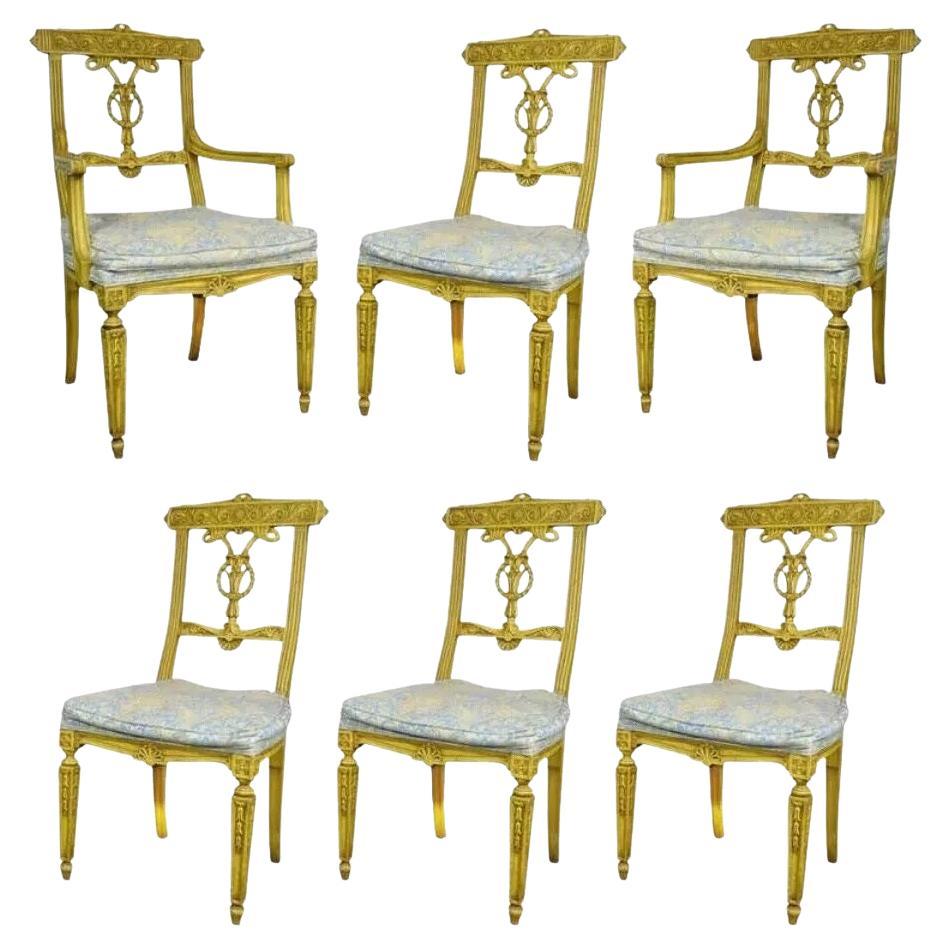 Vintage French Regency Louis XVI Yellow Carved Wood Dining Chairs - Set of 6