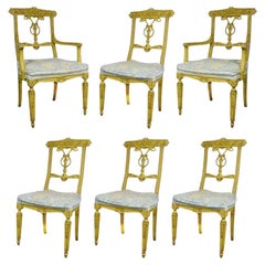Vintage French Regency Louis XVI Yellow Carved Wood Dining Chairs - Set of 6