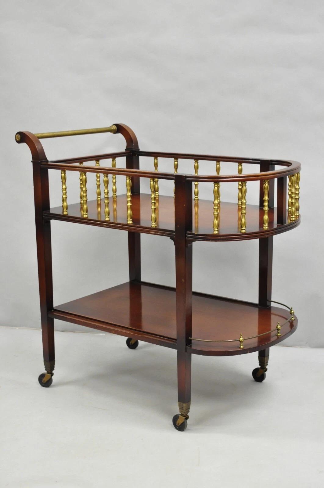 Vintage French Regency Style Mahogany 2 Tier Brass Gallery Rolling Bar Cart Server. Circa Mid 20th Century. Measurements: 33.5