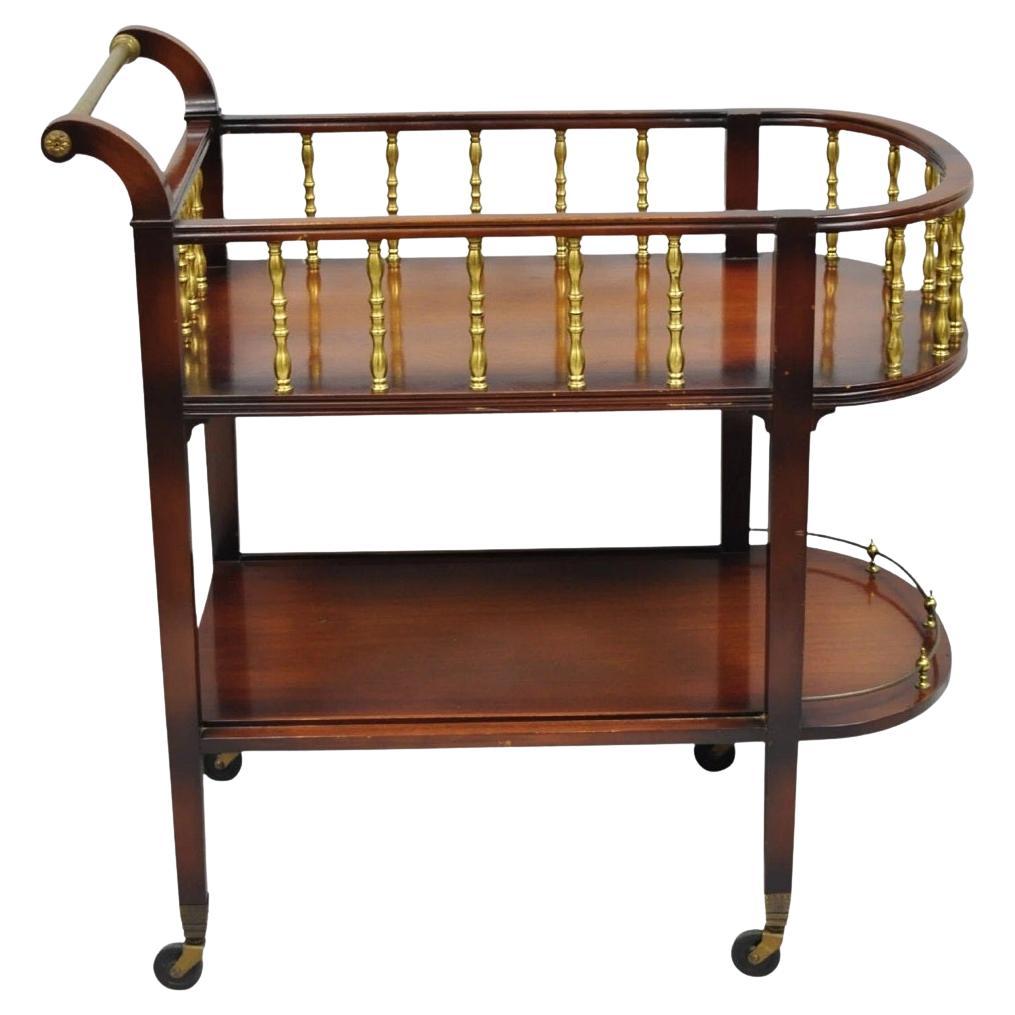 Vintage French Regency Mahogany 2 Tier Brass Gallery Rolling Bar Cart Server