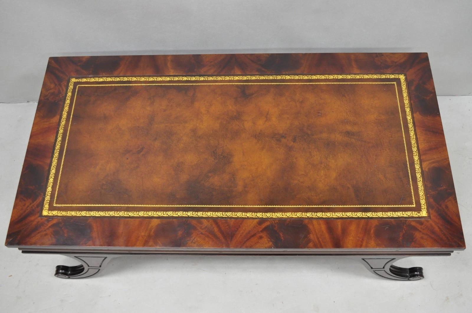 Inviaci un messaggio con il tuo codice postale per richiedere un preventivo per la spedizione negli Stati Uniti.

Tavolino da caffè rettangolare in stile reggenza francese vintage in mogano con piano in pelle lavorata e gambe a sciabola, attribuito