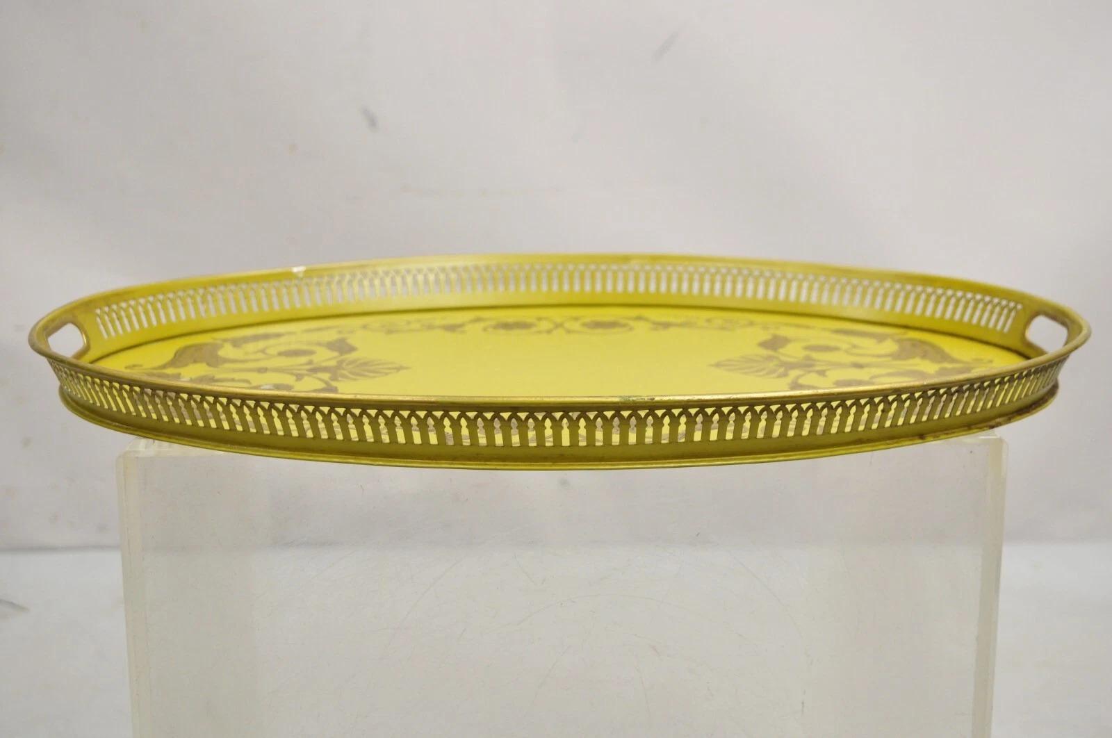 Vintage French Regency Metal Toleware Yellow & Gold Oval Tray by Bloomingdale's 7