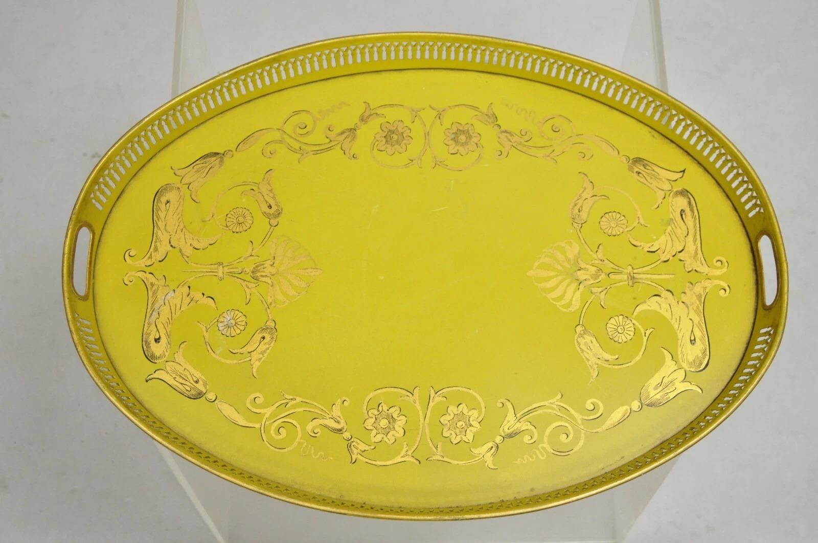 Vintage French Regency Metal Toleware Yellow & Gold Gilt Oval Tray by Bloomingdale's. Circa Mid 20th Century. Measurements: 1.5