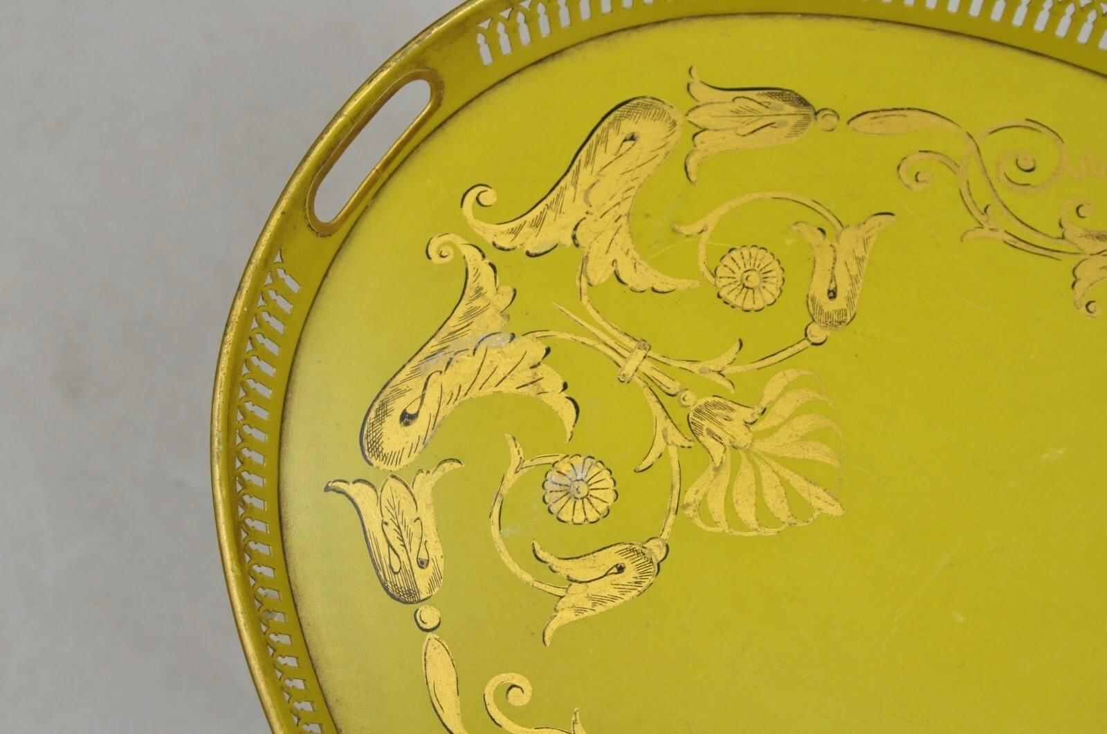 Unknown Vintage French Regency Metal Toleware Yellow & Gold Oval Tray by Bloomingdale's