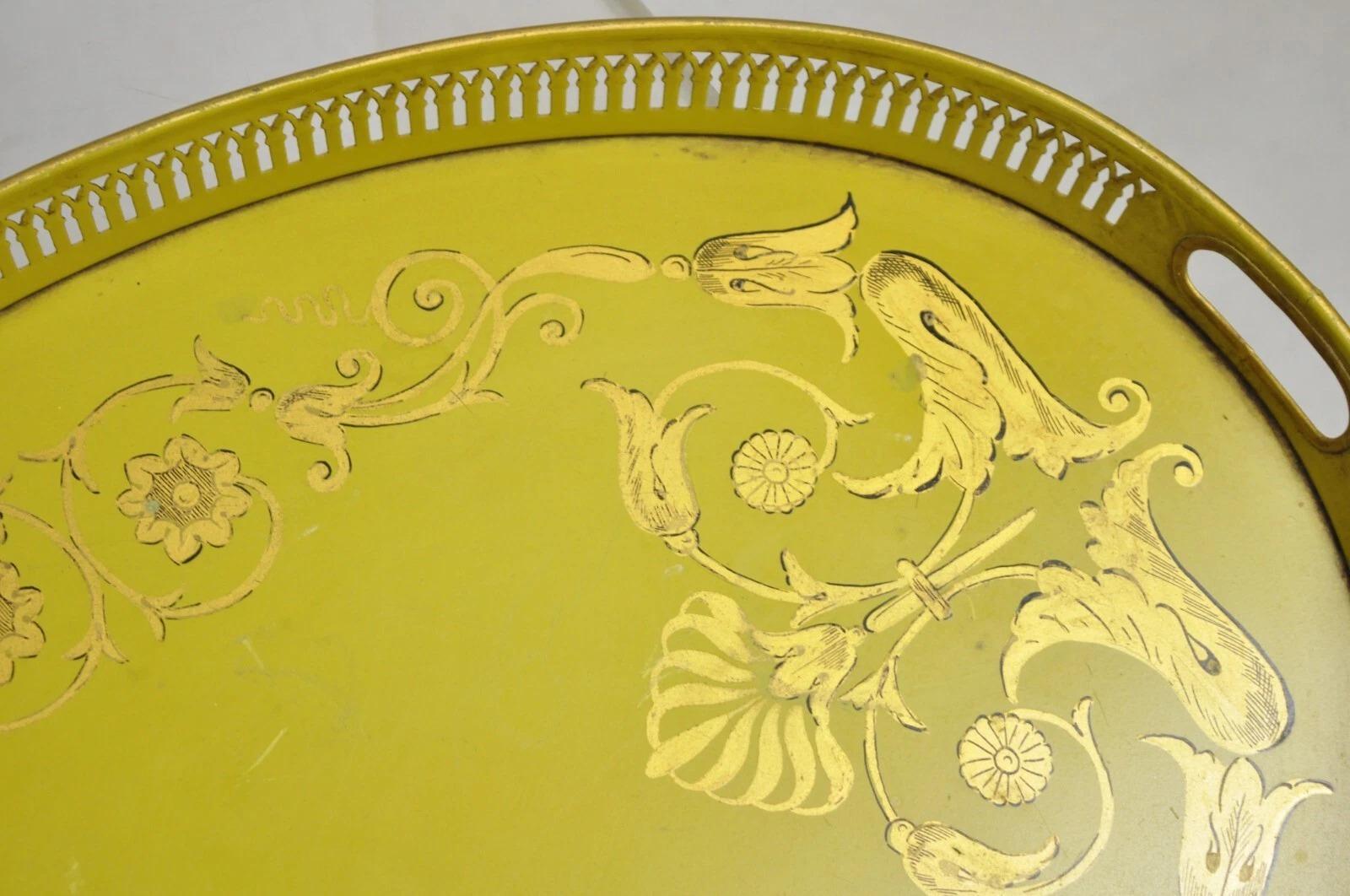 Vintage French Regency Metal Toleware Yellow & Gold Oval Tray by Bloomingdale's In Good Condition In Philadelphia, PA