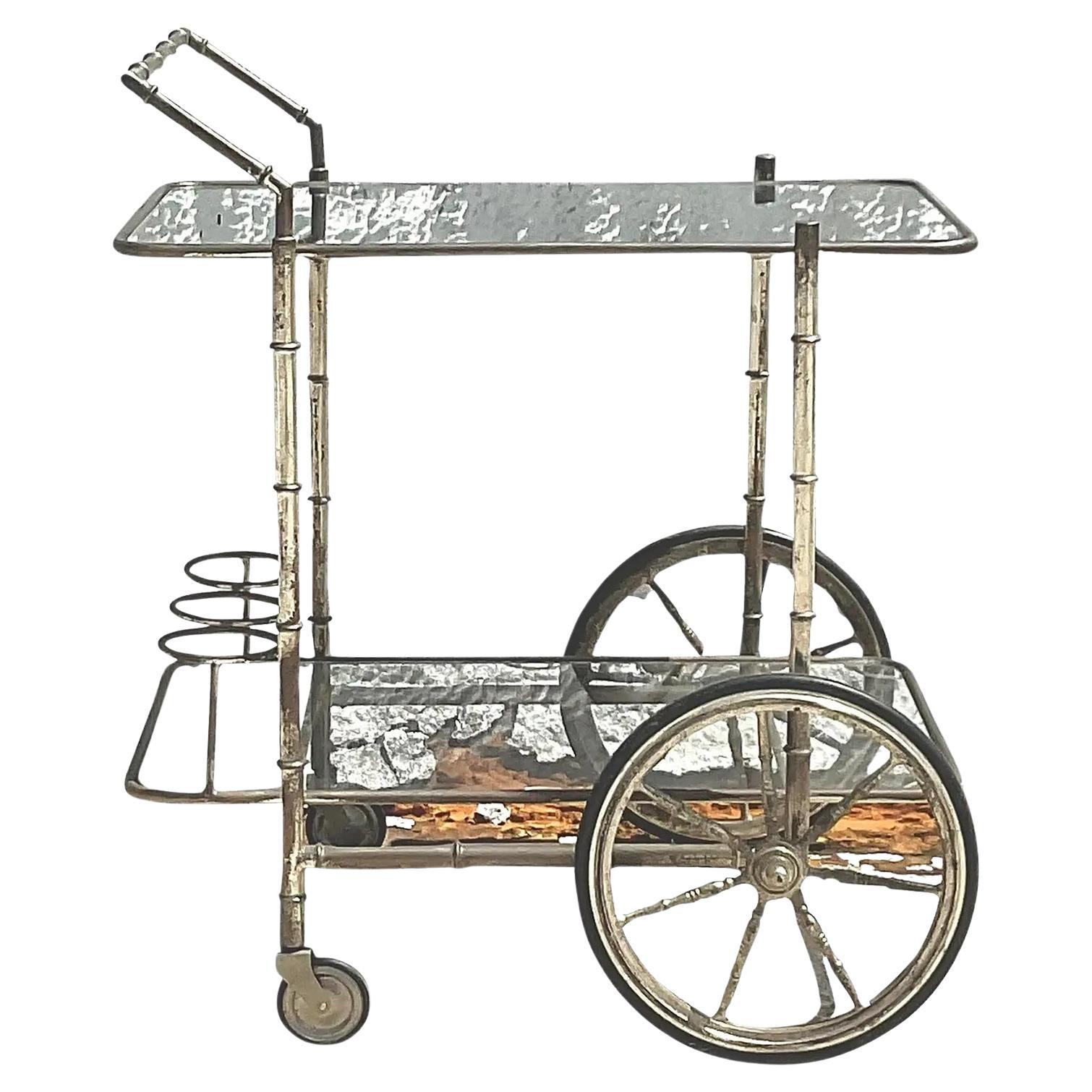 Chariot de bar de style Régence française vintage en métal argenté