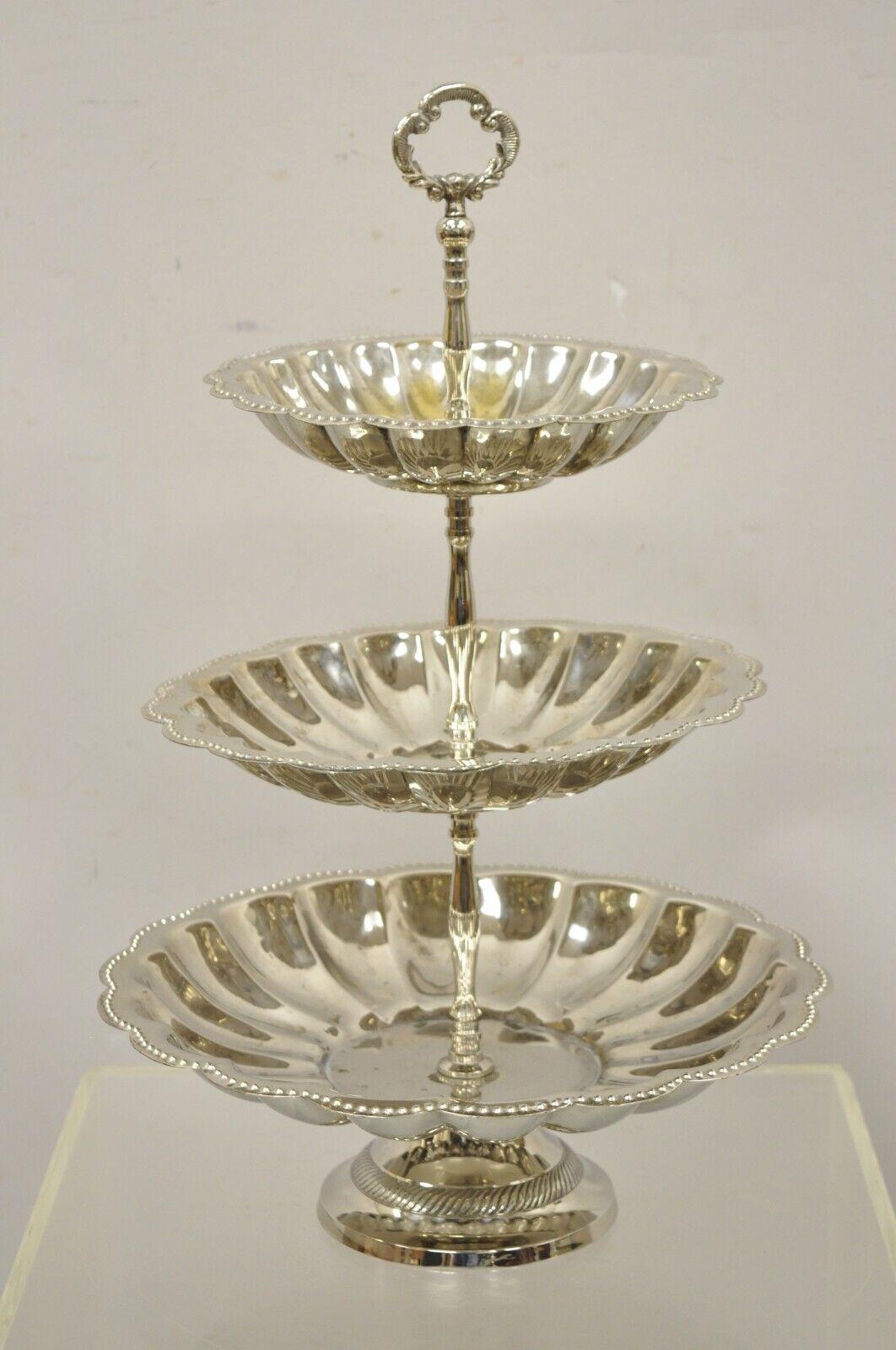 Vintage French Regency Style 3 Tier Silver Plate Serving Platter Stand 5
