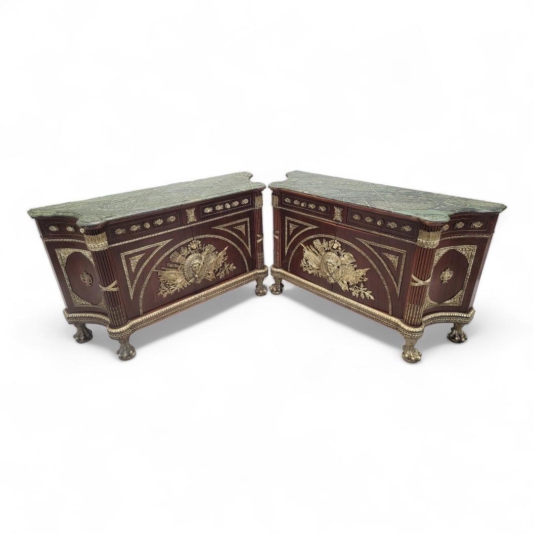 20th Century Vintage French Regency Style Brass Ormolu Marble Top Sideboard/Cabinet -Pair For Sale
