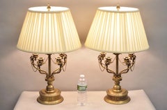 Vintage French Regency Style Brass Swans Candelabra Table Lamps - a Pair