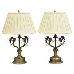 Vintage French Regency Style Brass Swans Candelabra Table Lamps - a Pair