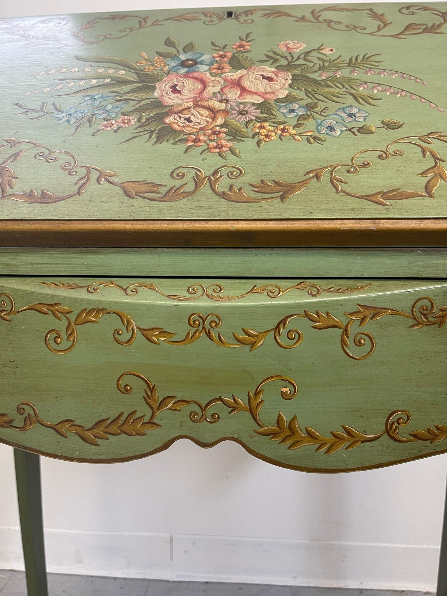 Vintage French Regency Style Bureau Desk With HandPainted Floral Motif and chair In Good Condition For Sale In Seattle, WA