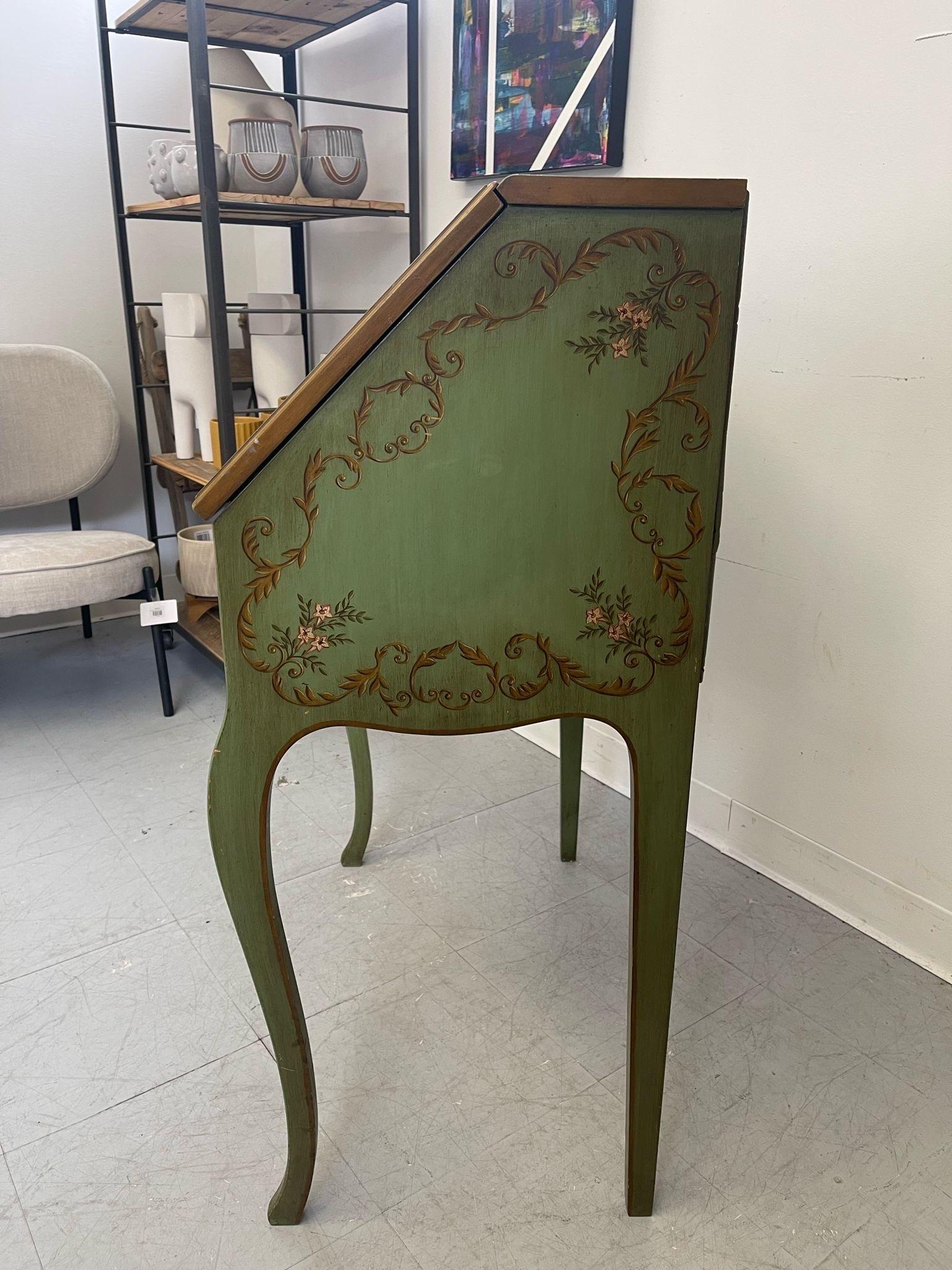 Late 20th Century Vintage French Regency Style Bureau Desk With HandPainted Floral Motif and chair For Sale