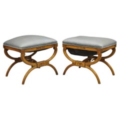 Vintage French Regency Style Curule X-Frame Carved Wood Stools - a Pair