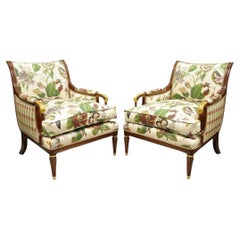 Sedie da salotto bergere in mogano con stampa floreale in stile Reggenza francese d'epoca - Coppia