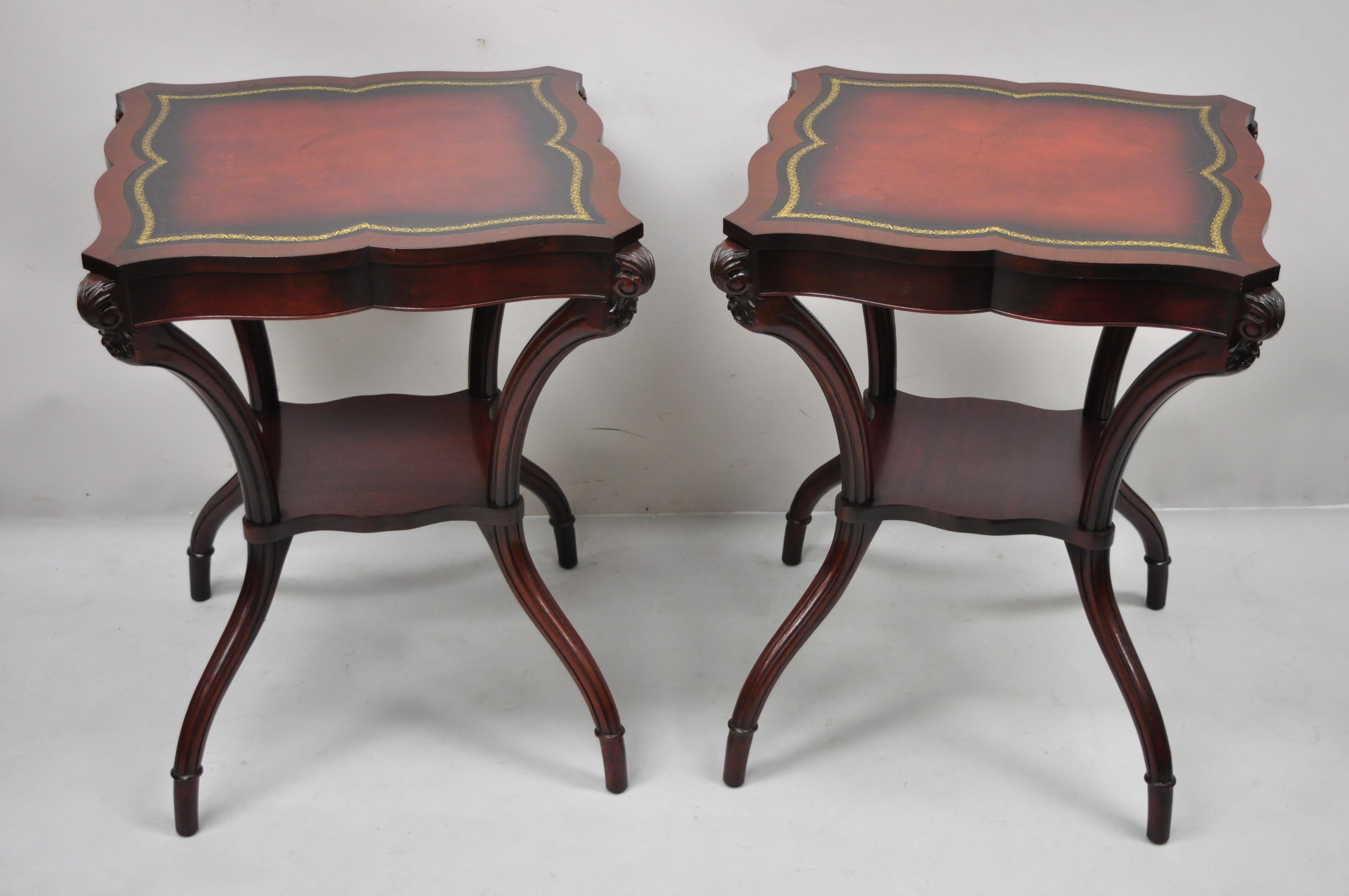 Vintage French Regency Style Red Leather Top Mahogany Lamp End Tables, a Pair For Sale 3