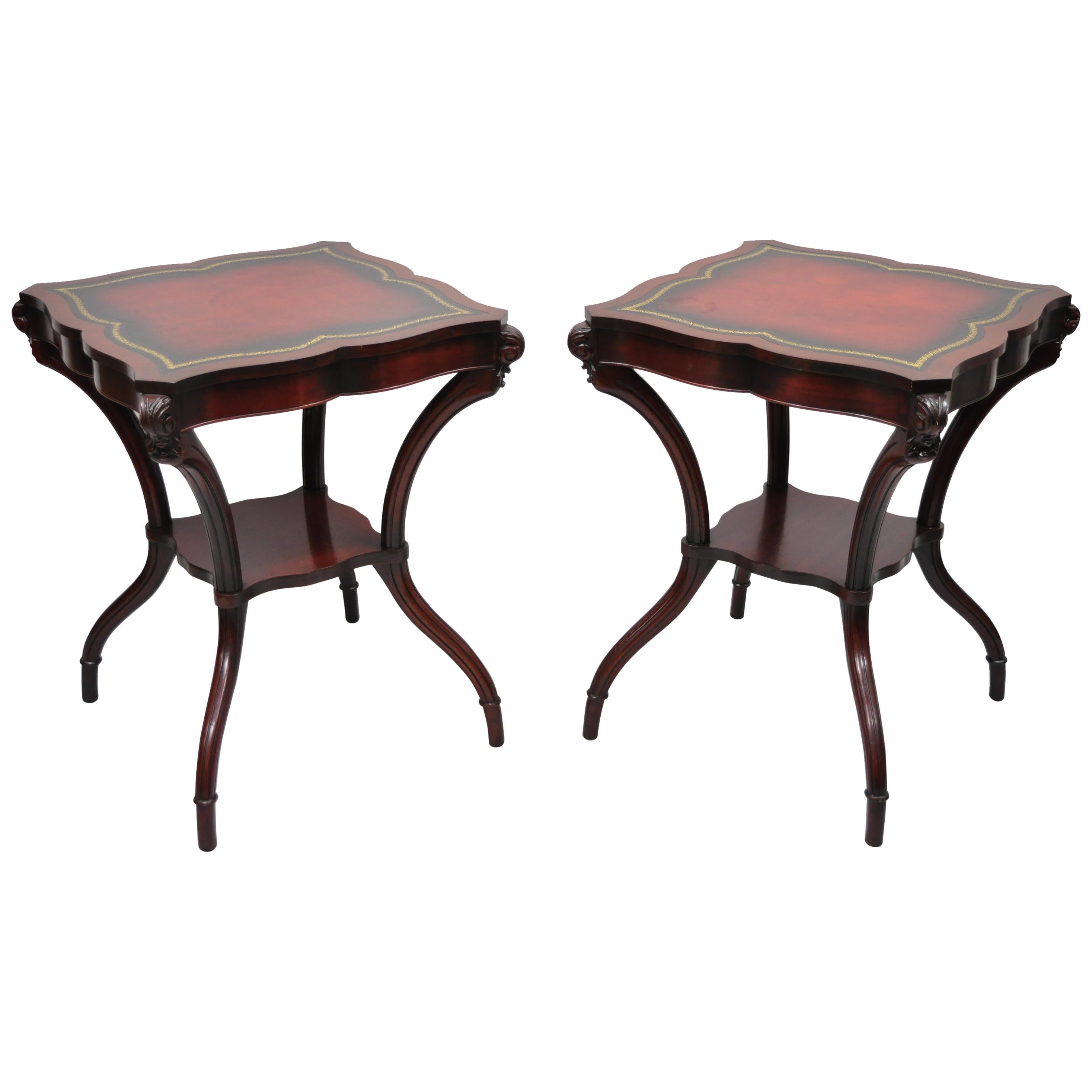 Vintage French Regency Style Red Leather Top Mahogany Lamp End Tables, a Pair For Sale