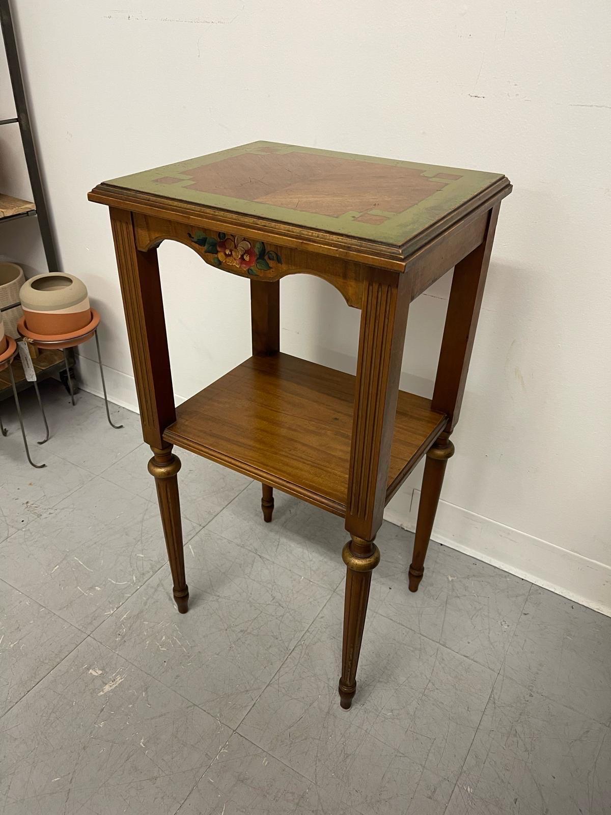 Wood Vintage French Regency Style Side Table With Hand Painted Motif. For Sale