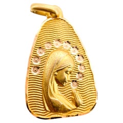 Vintage French Religious 18K Virgin Mary Pendant, Bloomed Yellow Gold