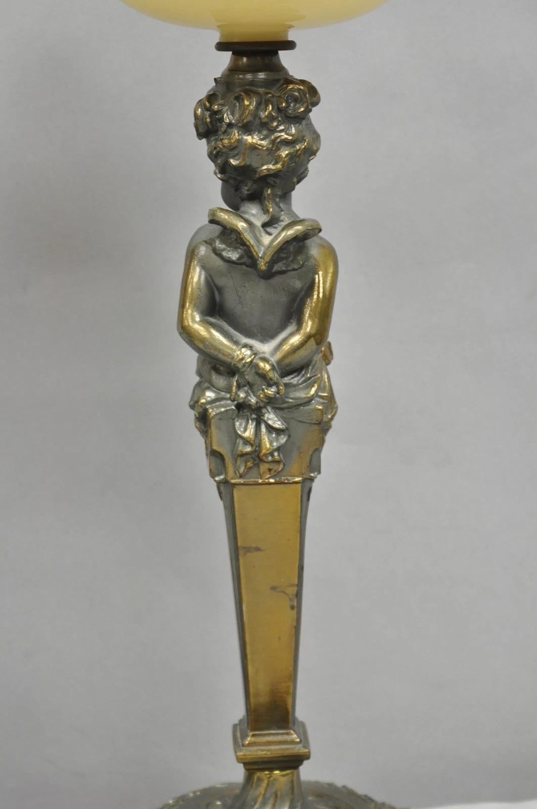 Vintage French Renaissance Brass Cherub Putti Column Cream Glass Table Lamp Pair en vente 7
