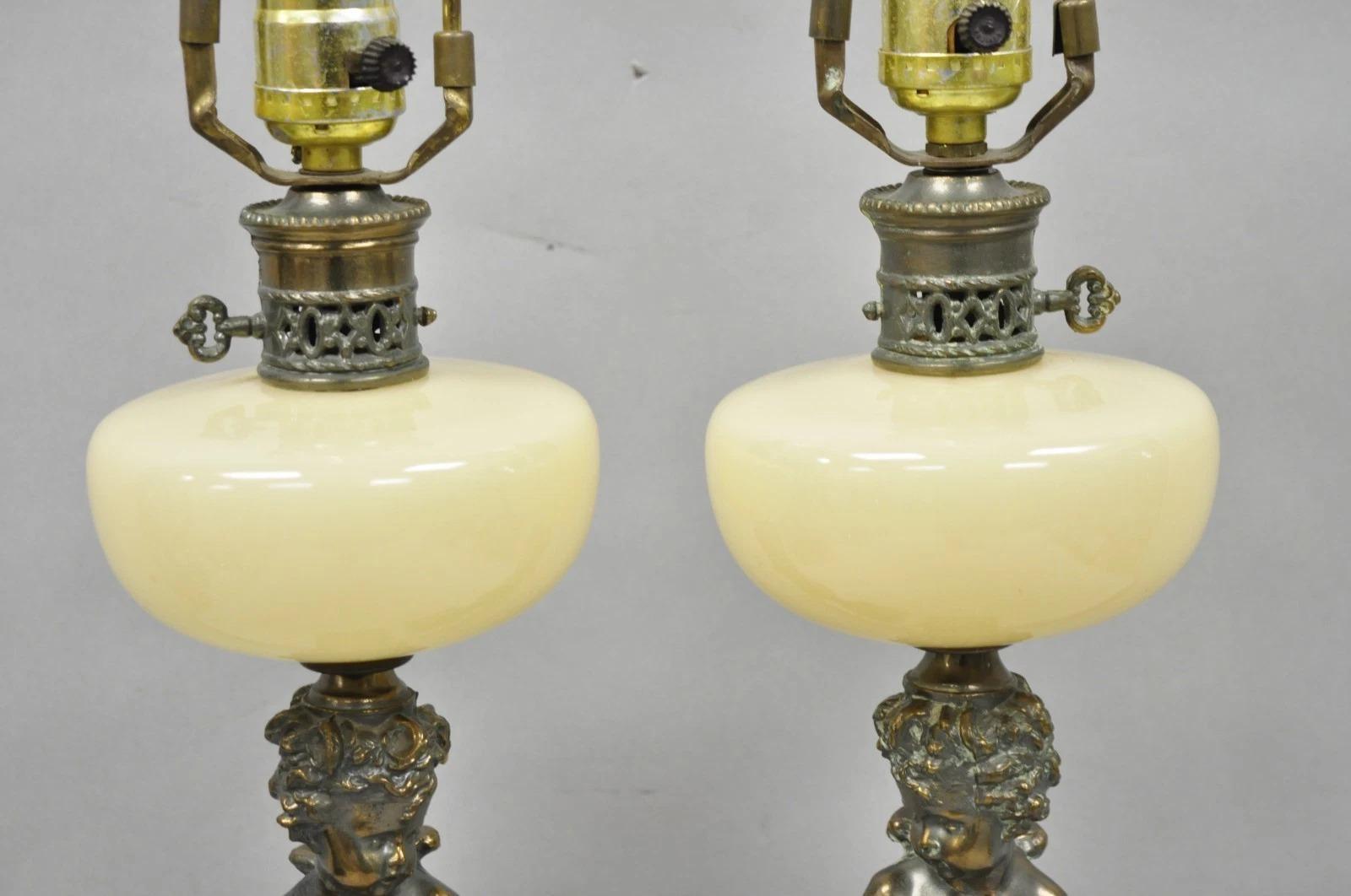 Laiton Vintage French Renaissance Brass Cherub Putti Column Cream Glass Table Lamp Pair en vente