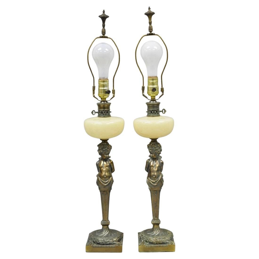 Vintage French Renaissance Brass Cherub Putti Column Cream Glass Table Lamp Pair
