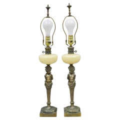 Vintage French Renaissance Brass Cherub Putti Column Cream Glass Table Lamp Pair