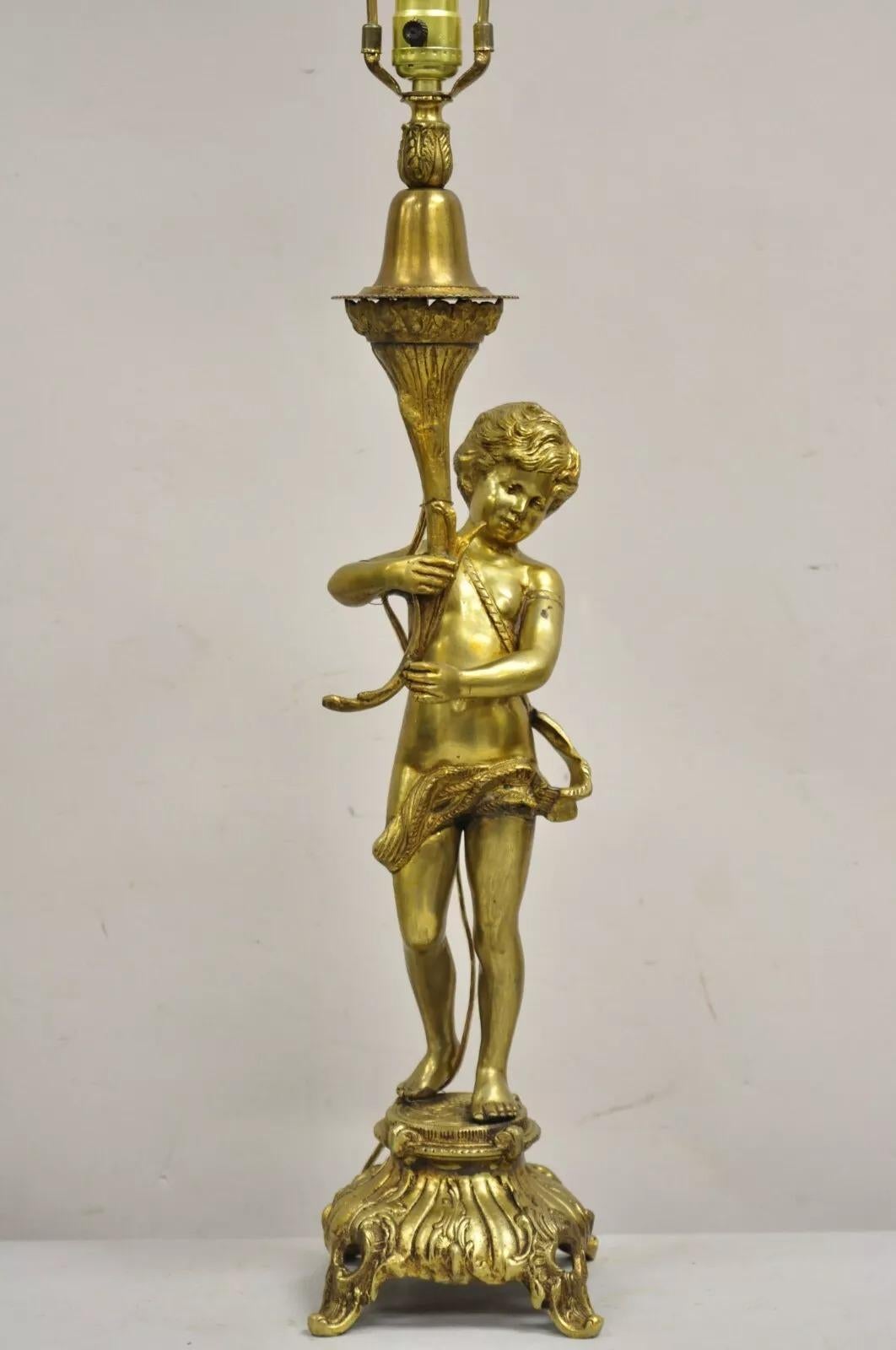Vintage French Renaissance Brass Rococo Gold Figural Cherub Putti Table Lamp For Sale 5