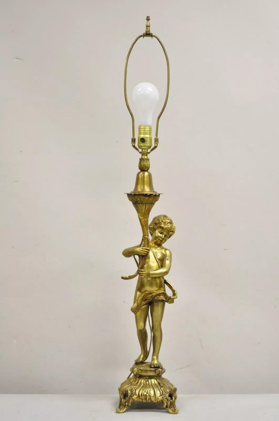 Vintage French Renaissance Brass Rococo Gold Figural Cherub Putti Table Lamp For Sale 6