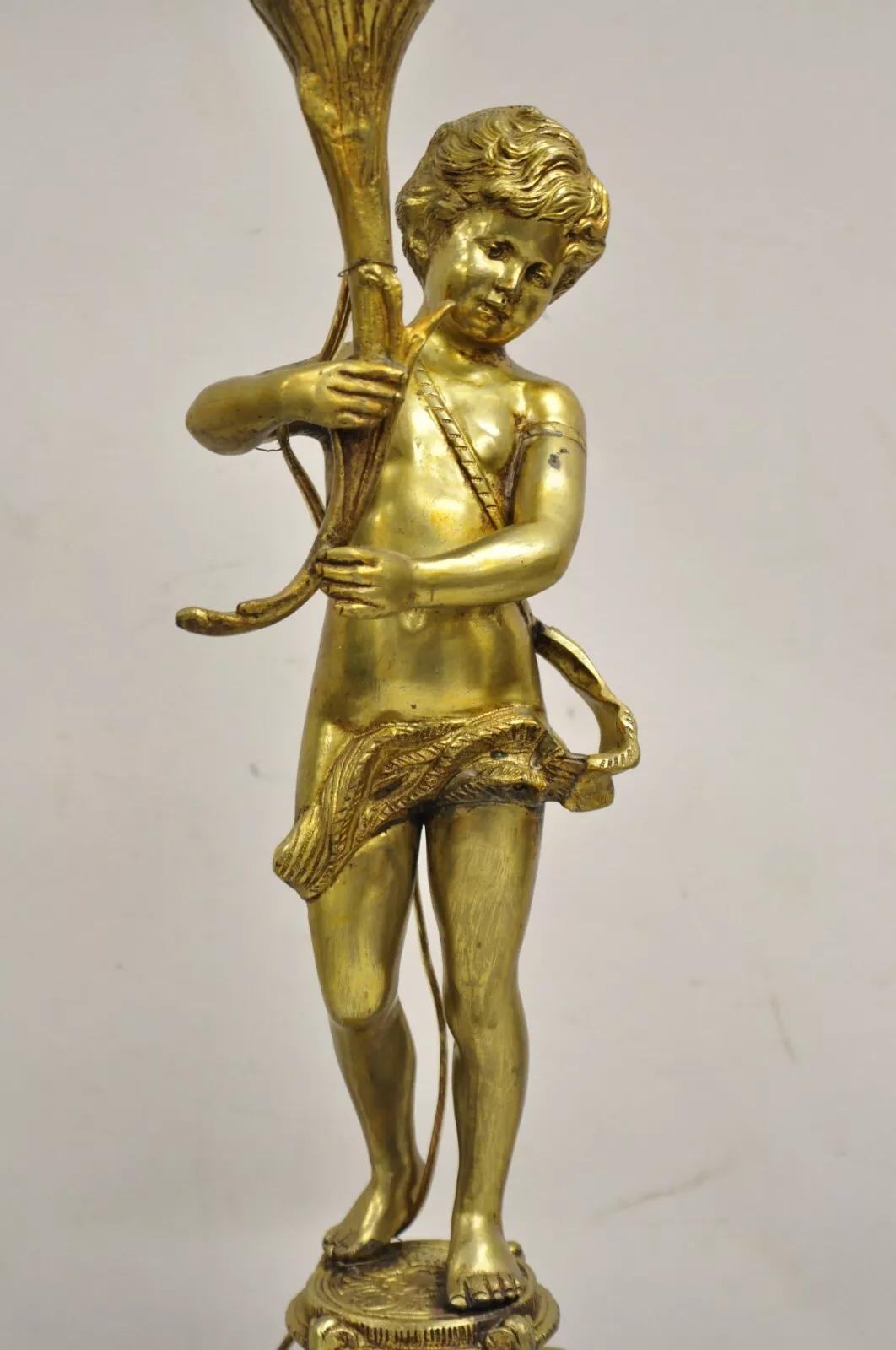 Baroque Vintage French Renaissance Brass Rococo Gold Figural Cherub Putti Table Lamp For Sale