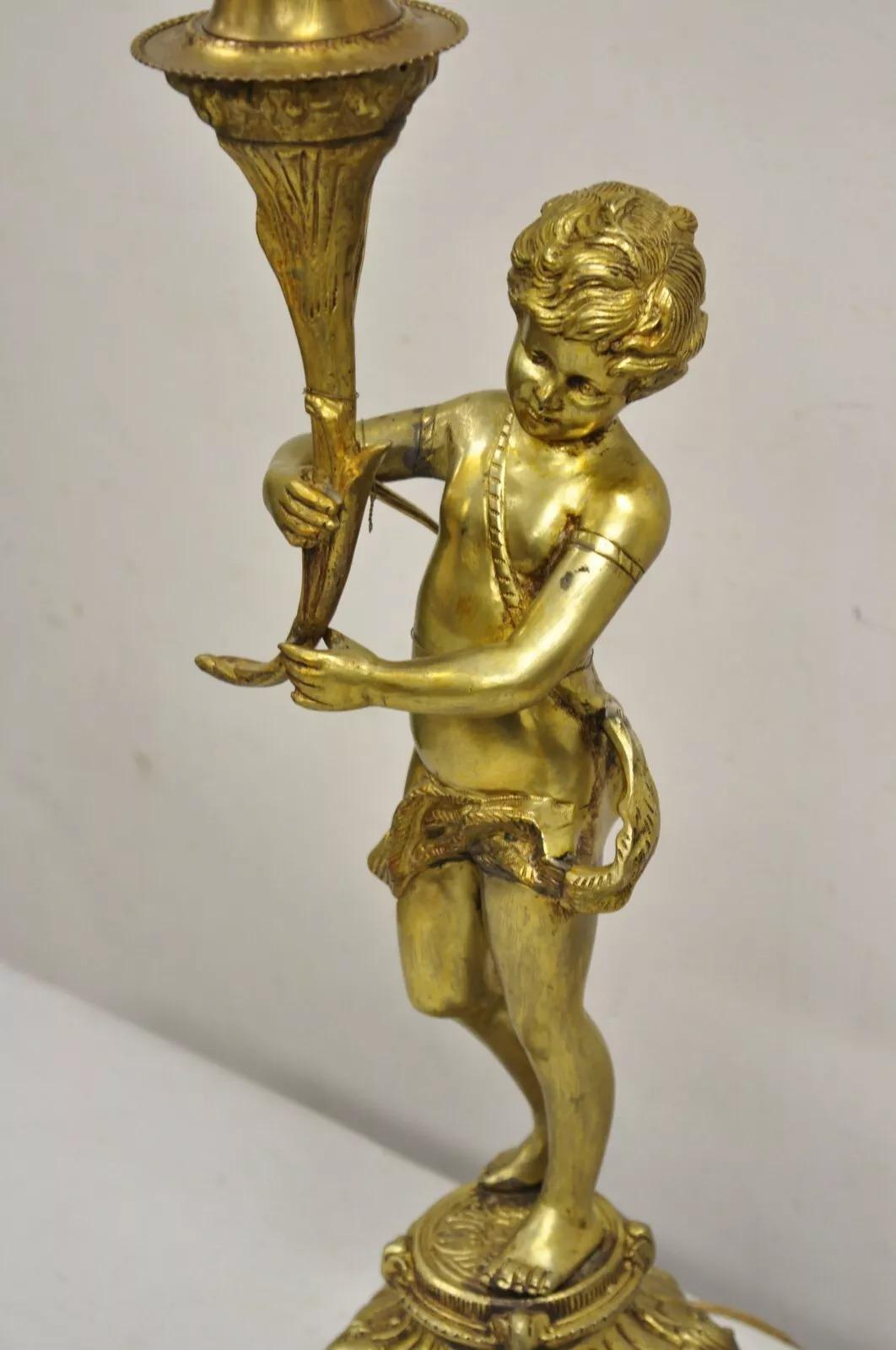 20th Century Vintage French Renaissance Brass Rococo Gold Figural Cherub Putti Table Lamp For Sale