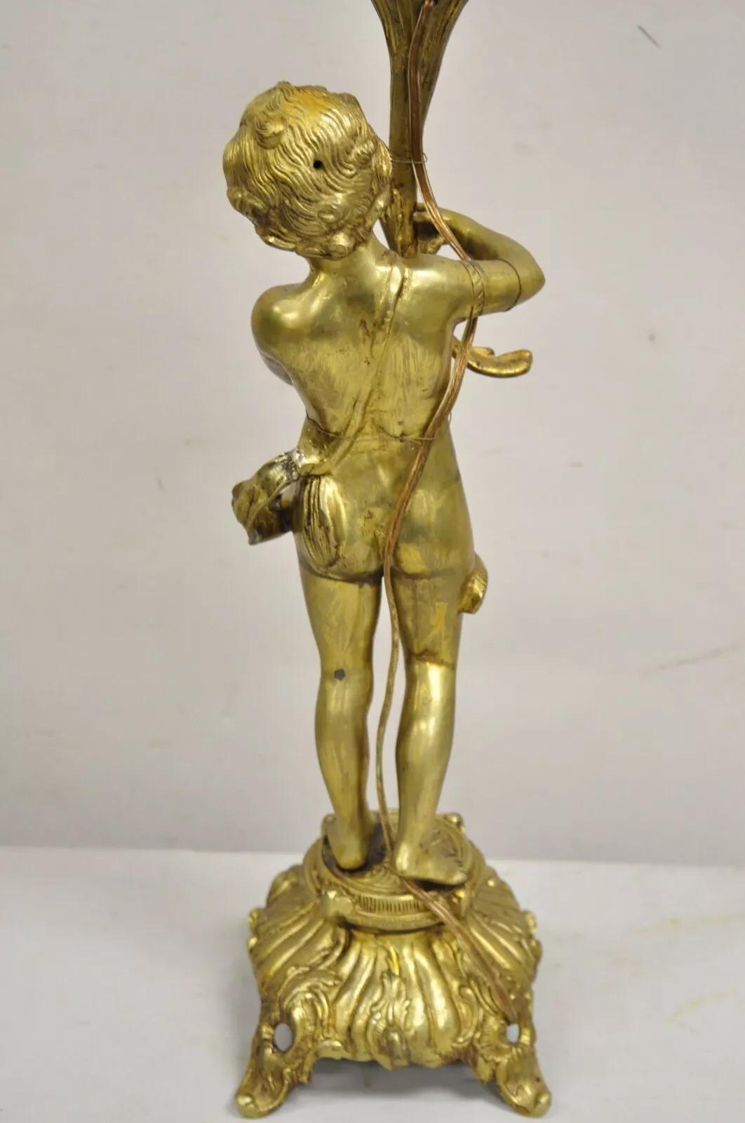 Vintage French Renaissance Brass Rococo Gold Figural Cherub Putti Table Lamp For Sale 3