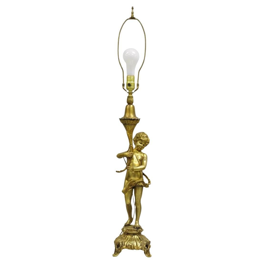 Vintage French Renaissance Brass Rococo Gold Figural Cherub Putti Table Lamp