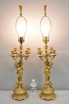 Vintage French Renaissance Louis XV Gold Cherub Candelabra Table Lamps - a Pair