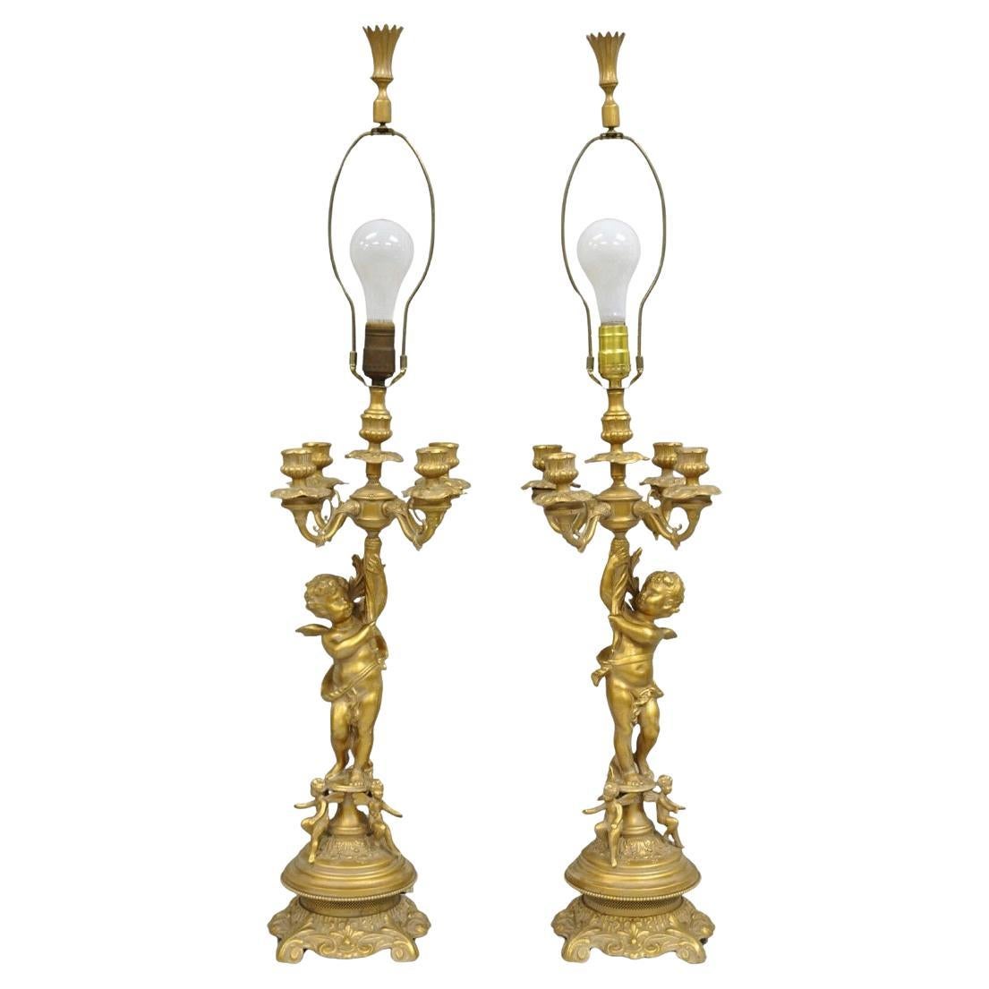 Vintage French Renaissance Louis XV Gold Cherub Candelabra Table Lamps - a Pair
