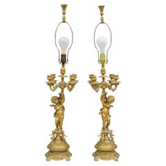 Vintage French Renaissance Louis XV Gold Cherub Candelabra Table Lamps - a Pair