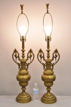 Vintage French Renaissance Louis XV Gold Gilt Metal Tall Table Lamps - a Pair