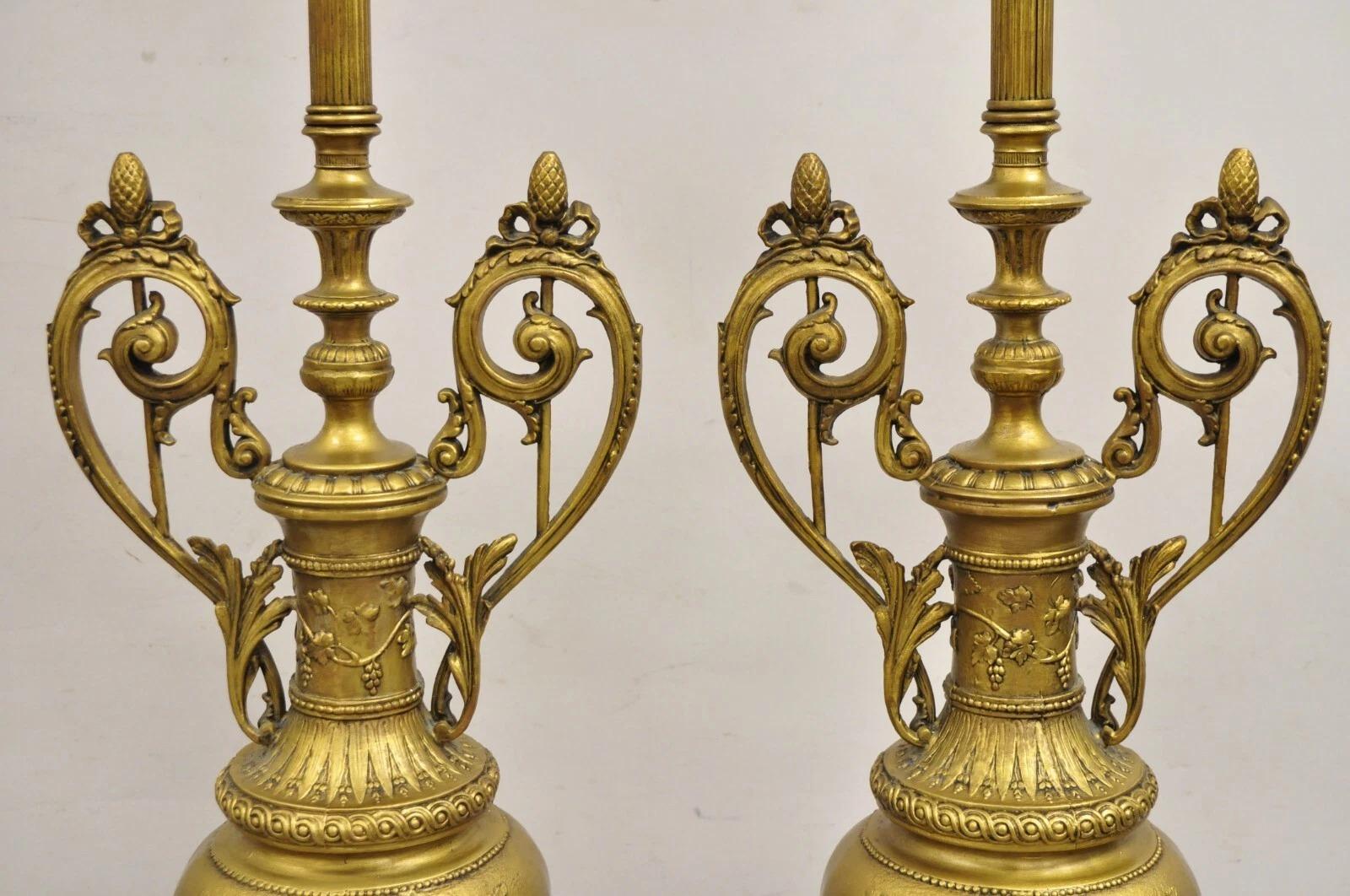Vintage French Renaissance Louis XV Gold Gilt Metal Tall Table Lamps - a Pair In Good Condition For Sale In Philadelphia, PA