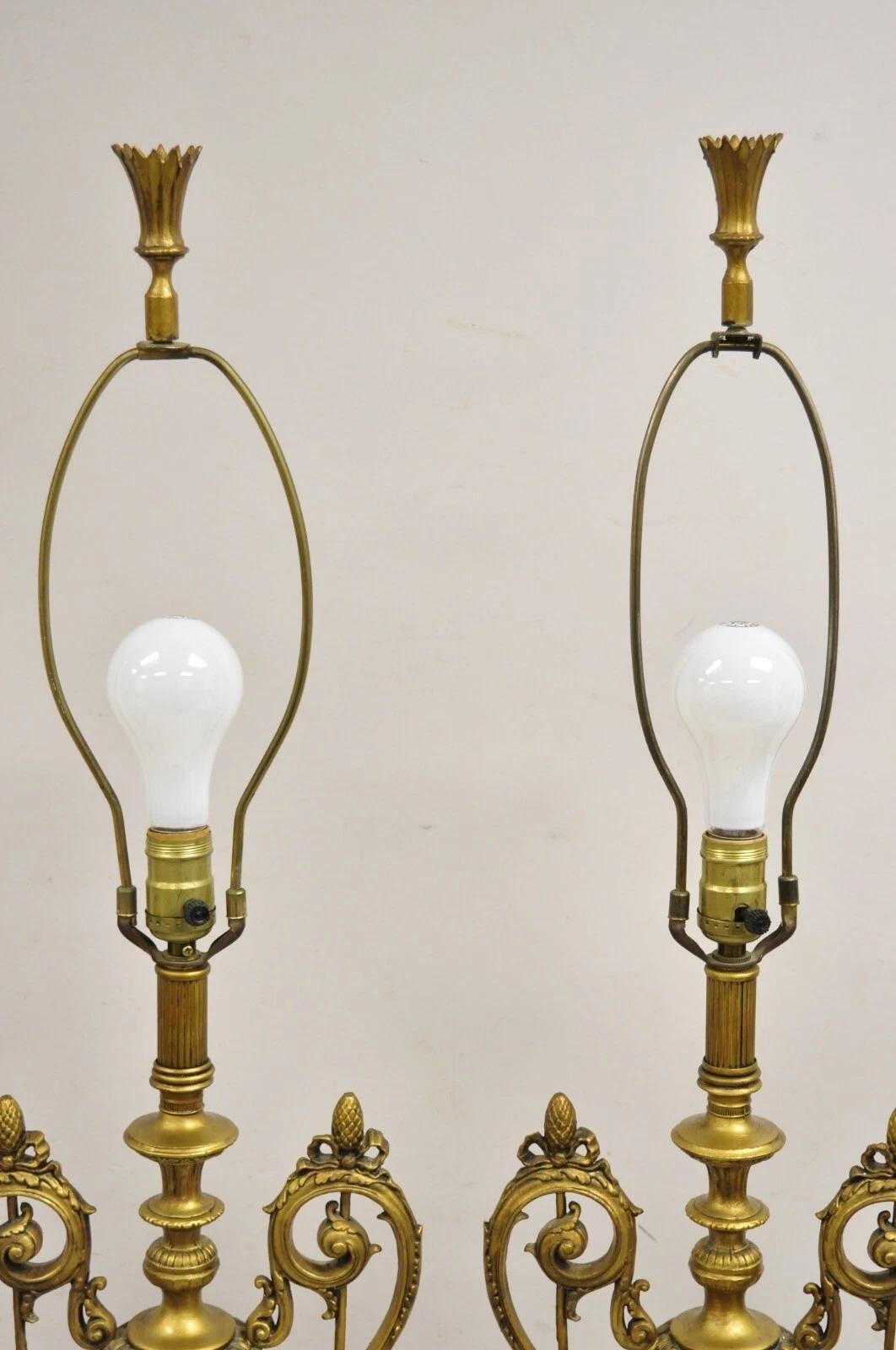 Vintage French Renaissance Louis XV Gold Gilt Metal Tall Table Lamps - a Pair For Sale 2