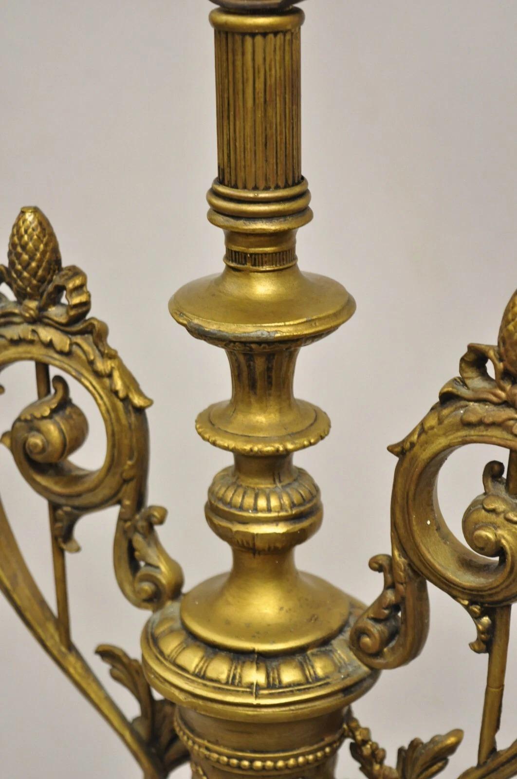 Vintage French Renaissance Louis XV Gold Gilt Metal Tall Table Lamps - a Pair For Sale 3
