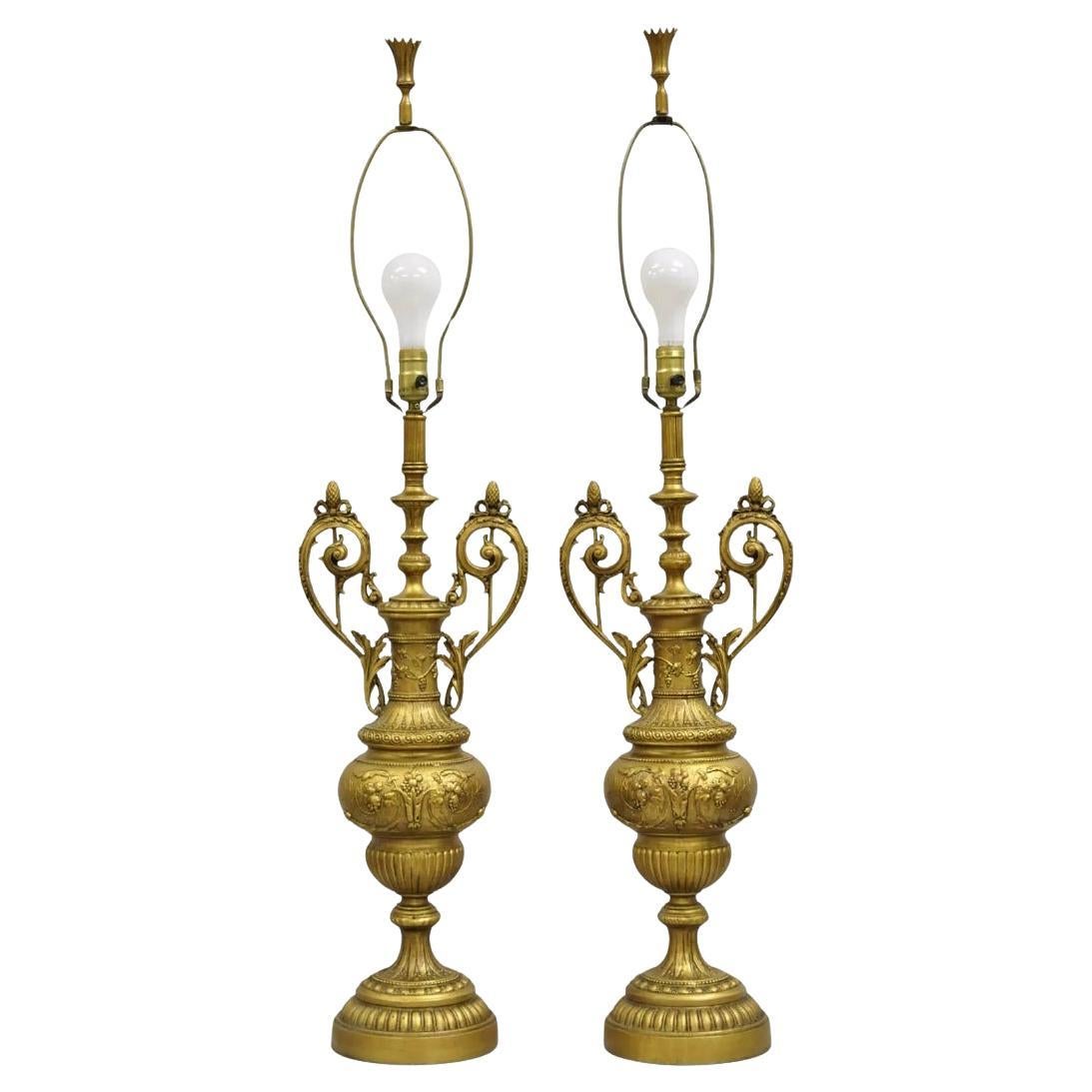 Vintage French Renaissance Louis XV Gold Gilt Metal Tall Table Lamps - a Pair For Sale