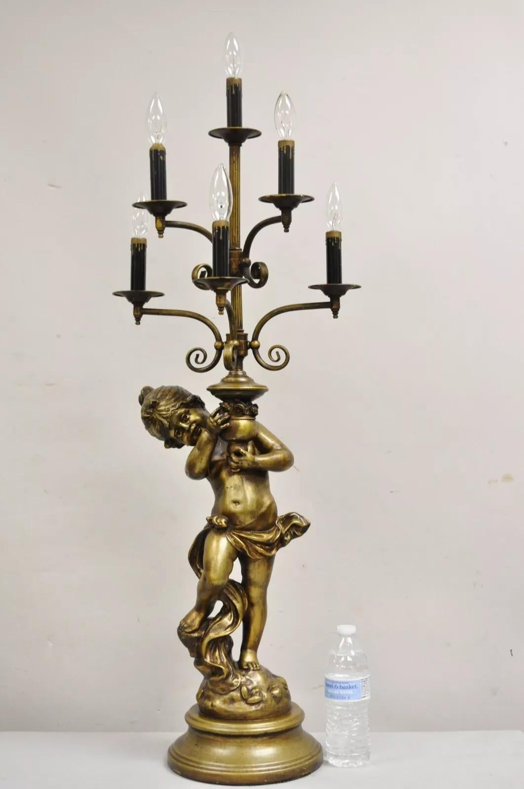 Lámpara de sobremesa Vintage French Renaissance Metal Figural Girl Cherub Putti Candelabra en venta 6