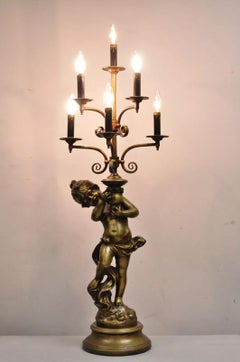 Vintage French Renaissance Metal Figural Girl Cherub Putti Candelabra Table Lamp