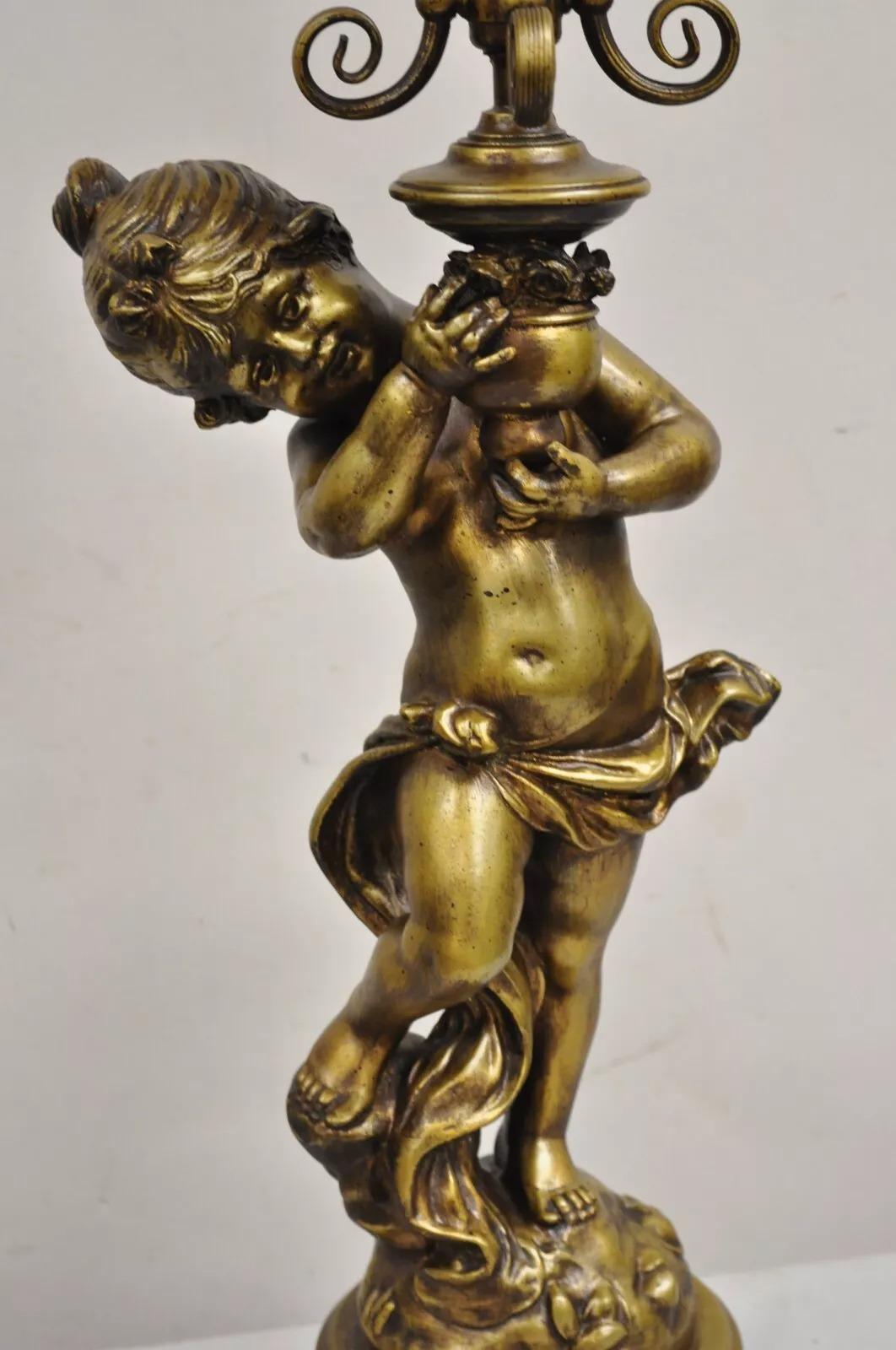 Lámpara de sobremesa Vintage French Renaissance Metal Figural Girl Cherub Putti Candelabra Desconocido en venta
