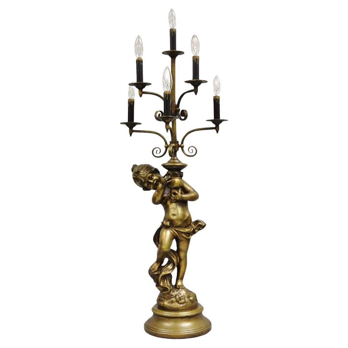 Vintage French Renaissance Metall Figural Mädchen Cherub Putti Kandelaber Tischlampe