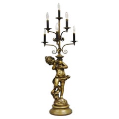Vintage French Renaissance Metall Figural Mädchen Cherub Putti Kandelaber Tischlampe