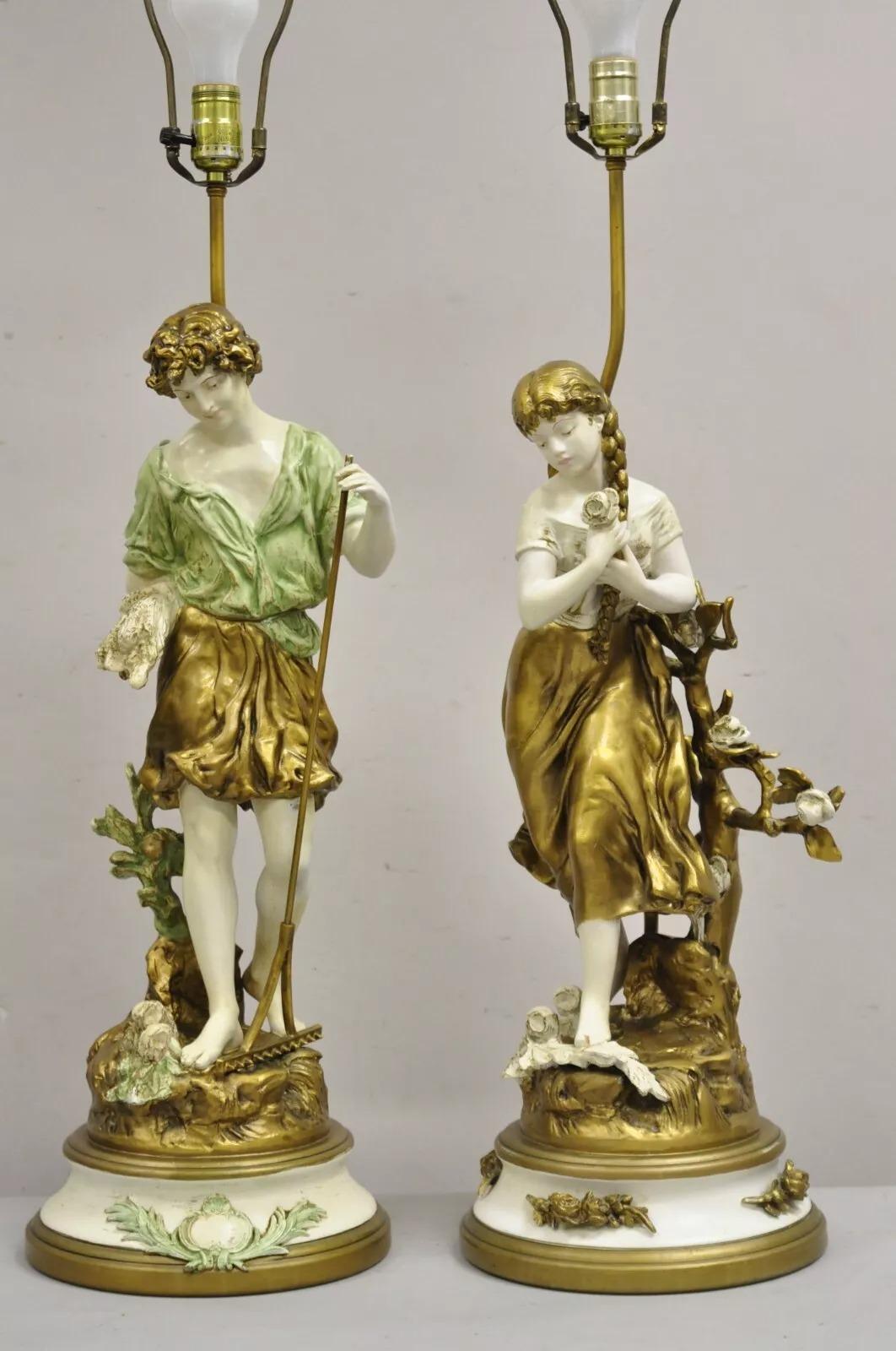 Unknown Vintage French Renaissance Moreau Metal Boy and Girl Figural Table Lamp - a Pair For Sale