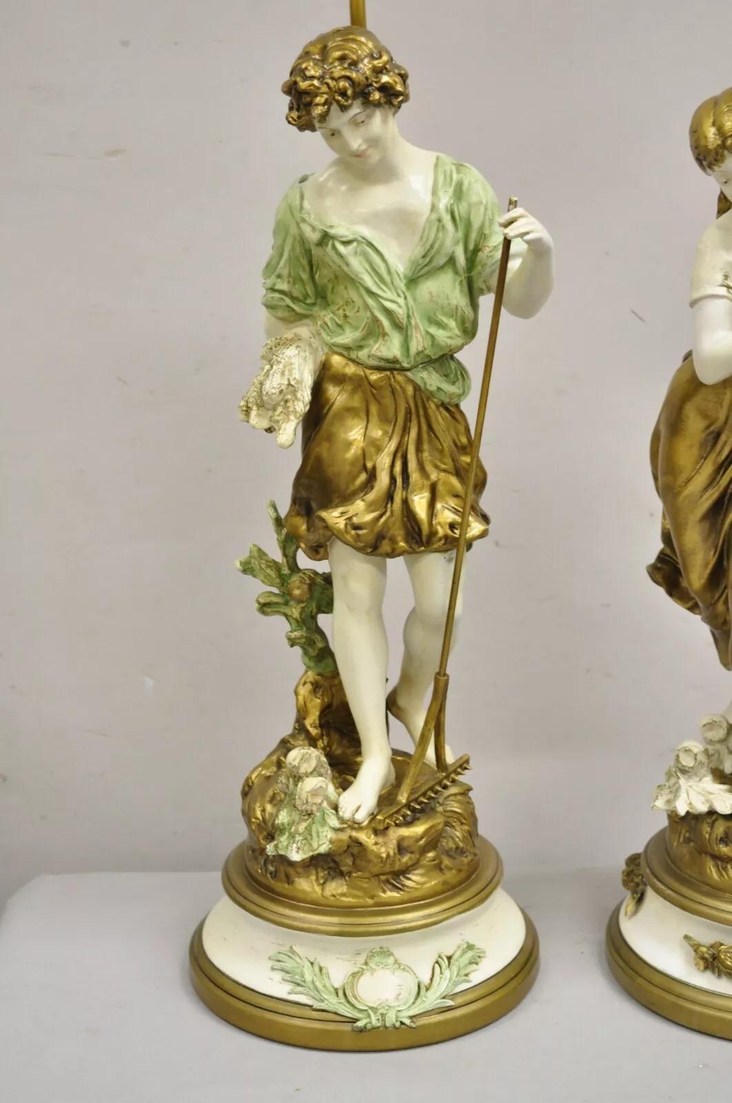 Vintage French Renaissance Moreau Metal Boy and Girl Figural Table Lamp - a Pair In Good Condition For Sale In Philadelphia, PA