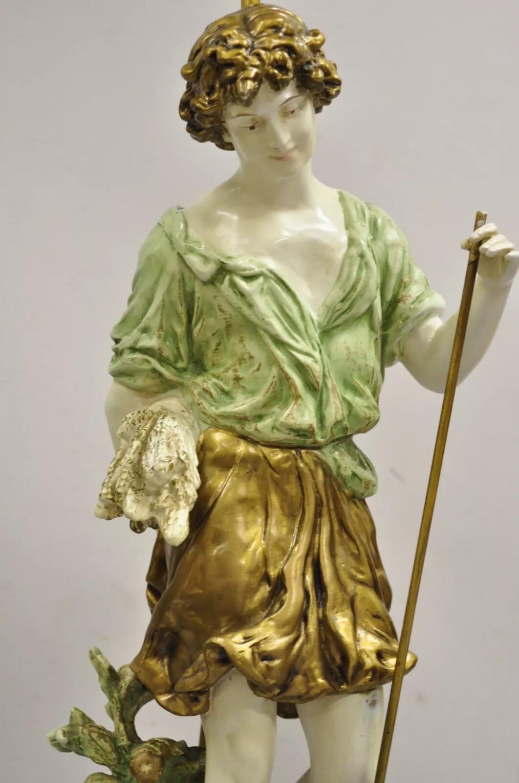 20th Century Vintage French Renaissance Moreau Metal Boy and Girl Figural Table Lamp - a Pair For Sale