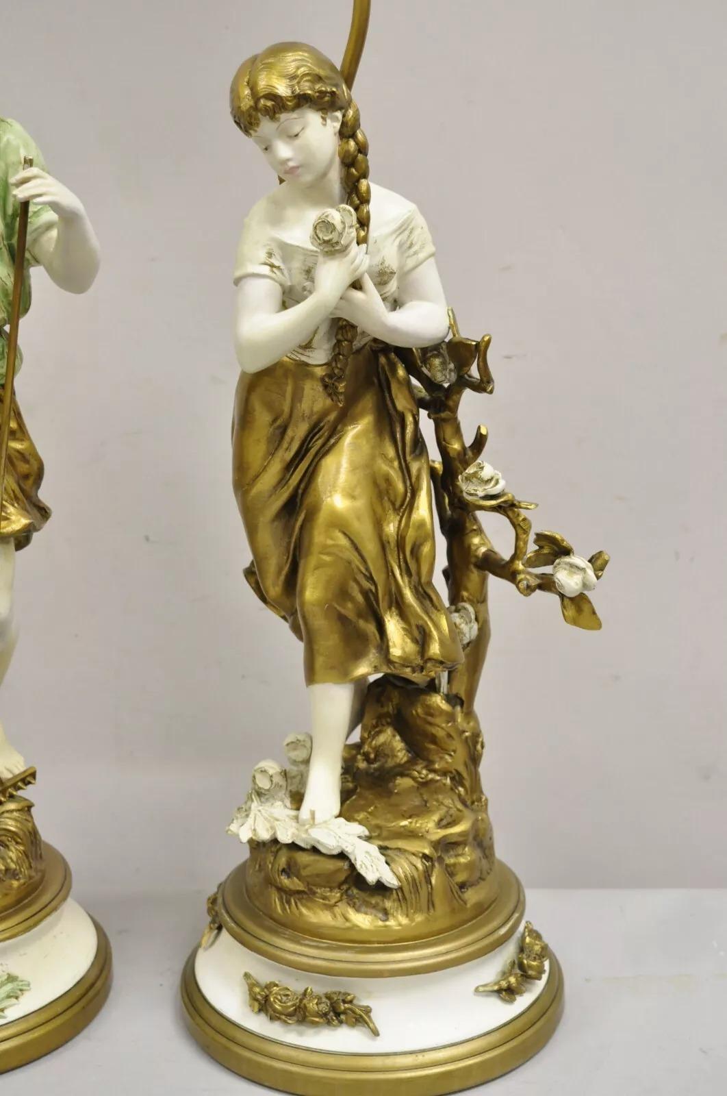 Vintage French Renaissance Moreau Metal Boy and Girl Figural Table Lamp - a Pair For Sale 1